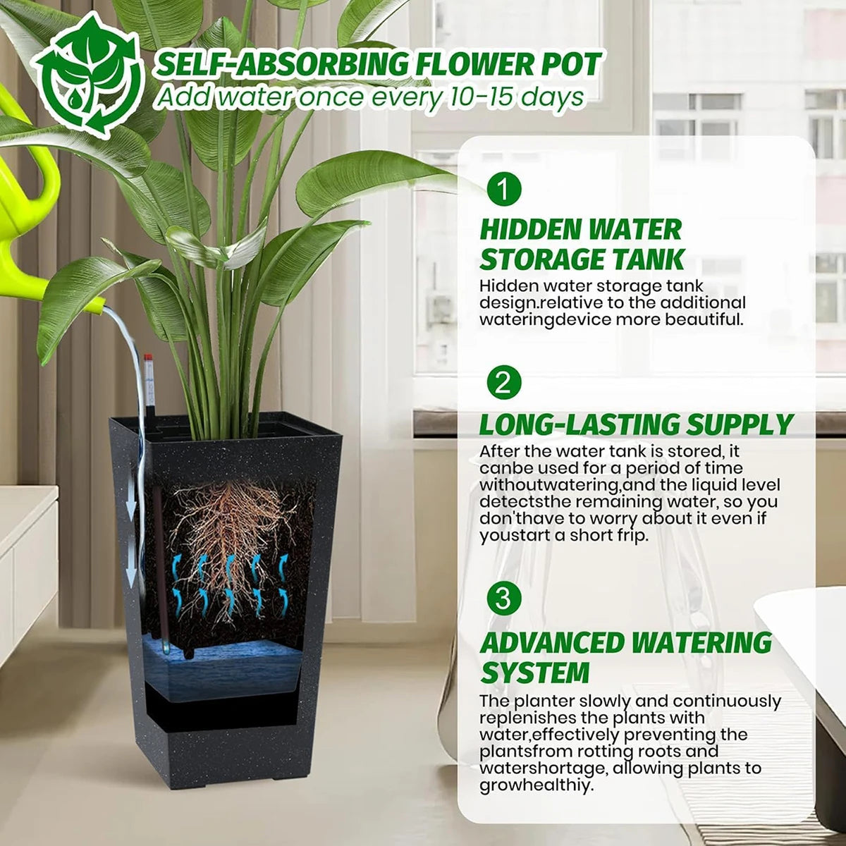 Large Rectangular Planters with Water Monitor (Set of 2)