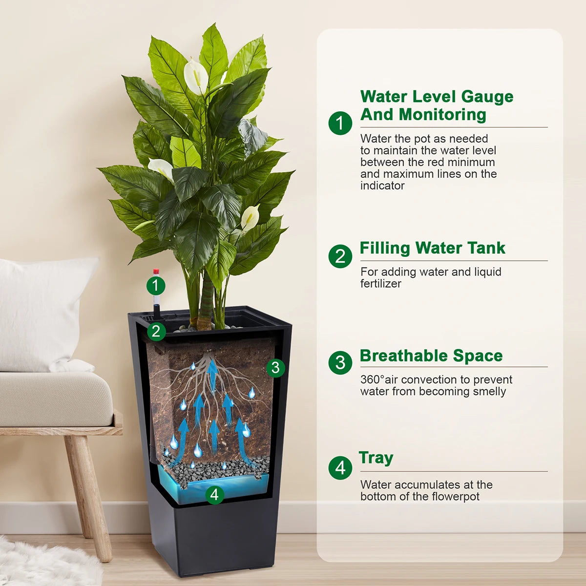 Large Rectangular Planters with Water Monitor (Set of 2)