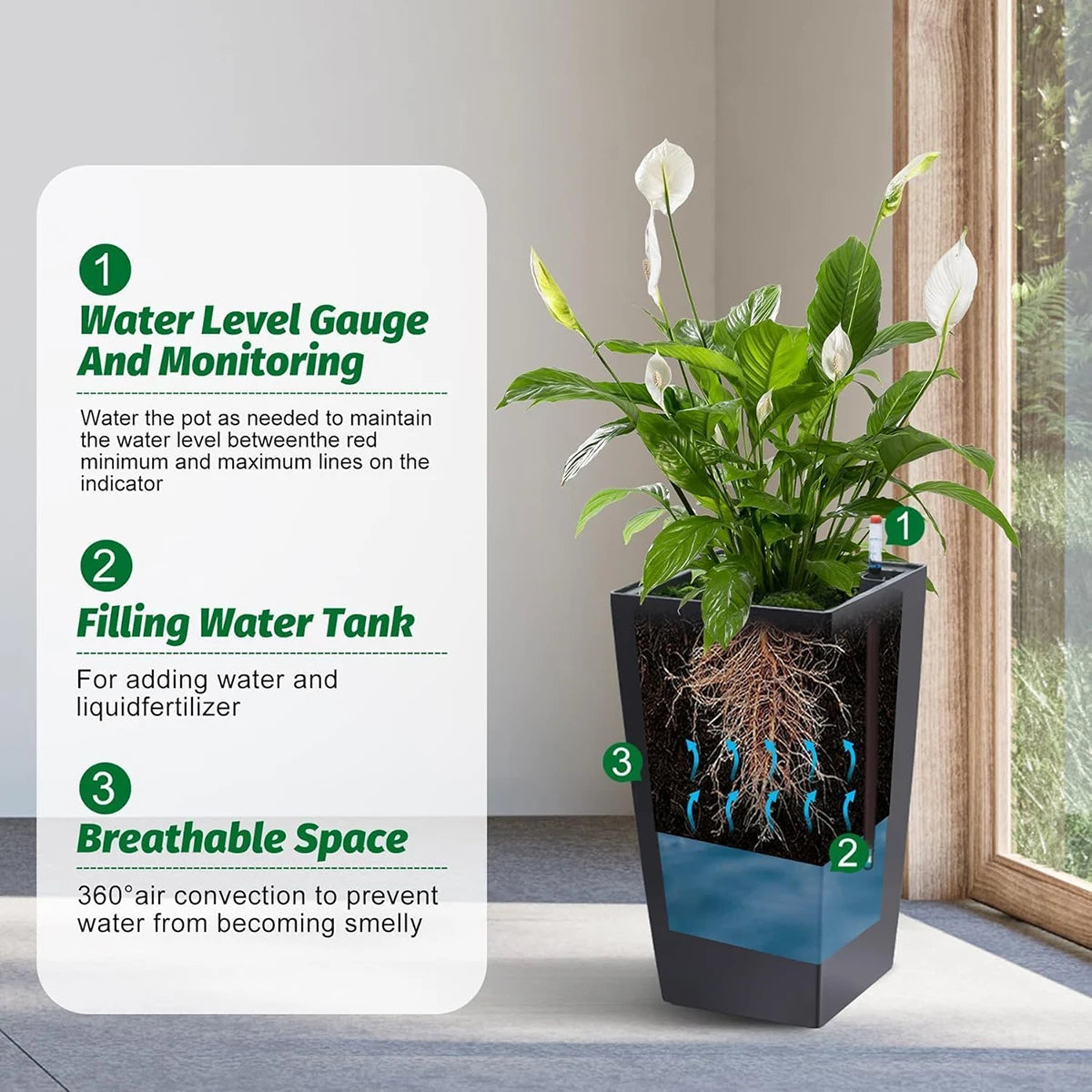 Large Rectangular Planters with Water Monitor (Set of 2)